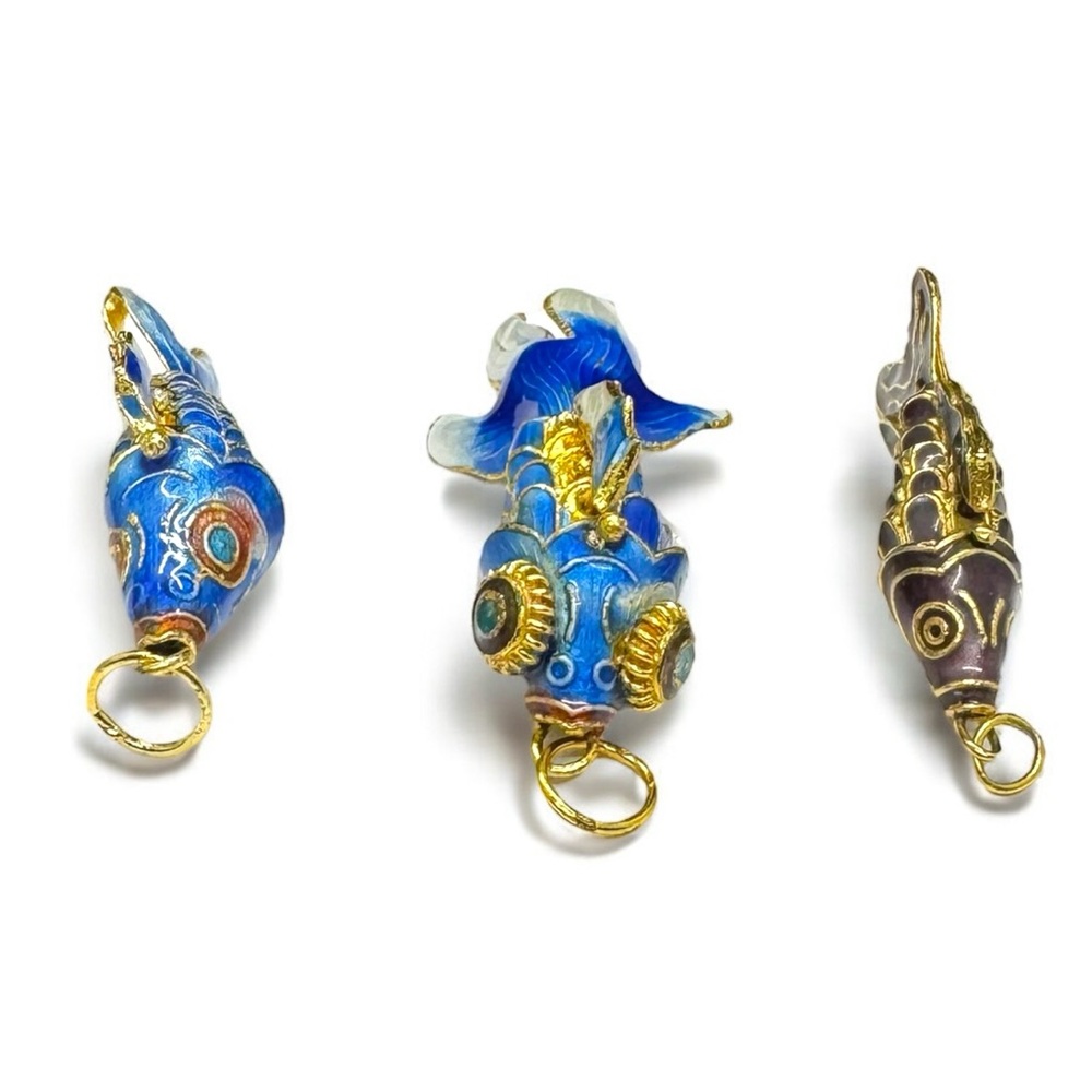 Vintage Chinese Silver Filigree Cloisonné Enamel Articulated Koi Fish Pendants - Picture 2 of 9
